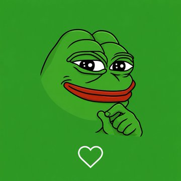The classic Pepe the Frog meme illustration depicted with a sly expression and a finger pressed to its lips, positioned above a heart outline on a green background.