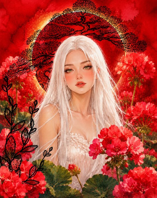 A digital painting of a pale woman with long white hair surrounded by vibrant red flowers and a red sun with a silhouetted tree.