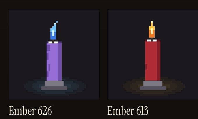 Two pixel-art candles labeled "Ember 626" (purple with blue flame) and "Ember 613" (red with orange flame) represent the prize candles available in a ticket-burning whitelist giveaway, where each round one winner receives a candle for free using at least one ticket.