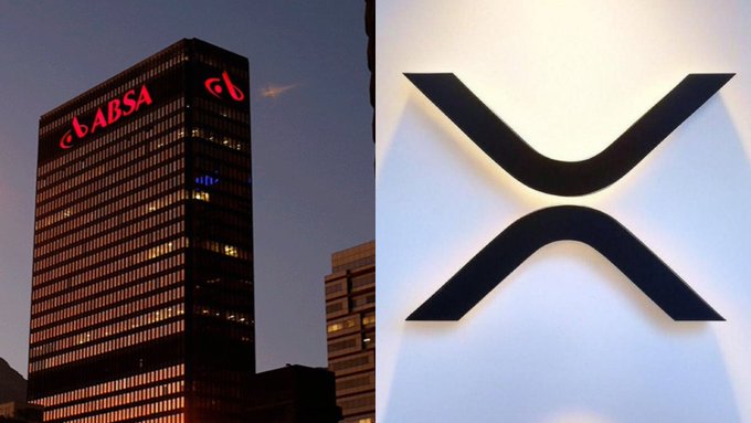A side-by-side comparison showing the Absa bank building lit up at night on the left and a close-up of the black 'X' shaped Absa logo on the right.