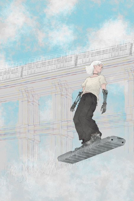 An anime-style illustration of a white-haired girl with mechanical/robotic hands riding a hoverboard, floating in the air against a backdrop of classical columns and a bright blue sky.