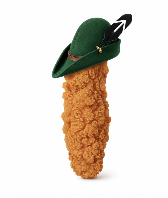 A fried chicken tender is humorously topped with a green Tyrolean-style hunter's hat featuring a black and white feather.