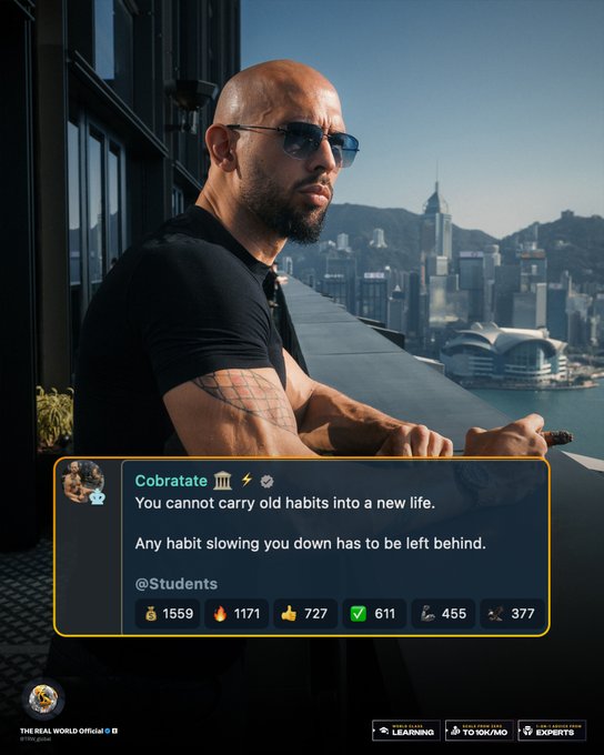A muscular, bald, bearded man wearing sunglasses stands on a balcony overlooking a cityscape, with an overlaid quote: 'You cannot carry old habits into a new life. Any habit slowing you down has to be left behind.'