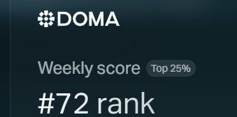 A dark blue screen displaying 'DOMA Weekly score #72 rank' with a 'Top 25%' badge.