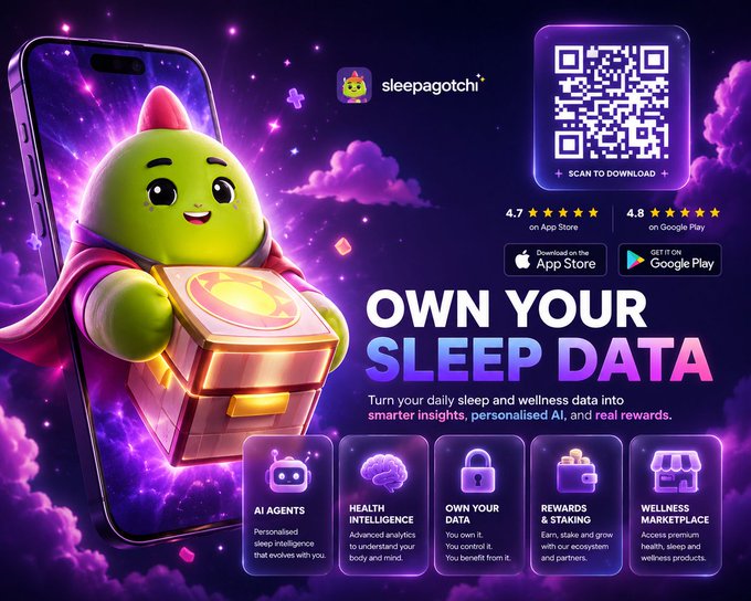 The image features a cartoon character of a green frog holding a box with a gold coin inside. The text above the frog reads "OWN YOUR SLEEP DATA" and below it, there are four boxes containing different sleep-related information such as "AI agents", "health & fitness", "marketplace", and "algorithms".
