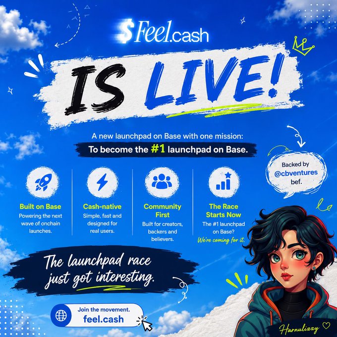 A vibrant promotional graphic announces "FEEL.CASH IS LIVE!" — a new Base launchpad backed by @cbventures and @bef, featuring four key pillars (Built on Base, Cash-native, Community First, and The Race Starts Now) and declaring its mission to become the "#1 launchpad on Base," accompanied by an anime-style character illustration and the tagline "The launchpad race just got interesting."