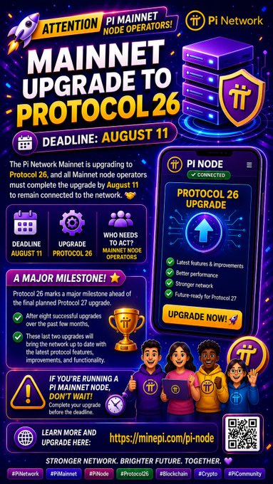 An infographic announcing Pi Network's Mainnet upgrade to Protocol 26 with a deadline of August 11 for node operators, highlighting features like improved performance and stronger network.