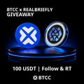 The image is a promotional giveaway banner featuring the logos of "BTC" (Bitcoin) and "XRP" (Ripple) displayed as glowing circular icons on a platform, with the text "BTC + REAL BRIEFLY GIVEAWAY," "100 USDT | Follow & RT," and "@BTCC" at the bottom. The accompanying post promotes Ripple's expansion into banking partnerships and highlights the CTF token as a DeFi project on the XRP Ledger, though the image itself focuses on a crypto giveaway rather than the XRPL DeFi ecosystem discussed in the post.