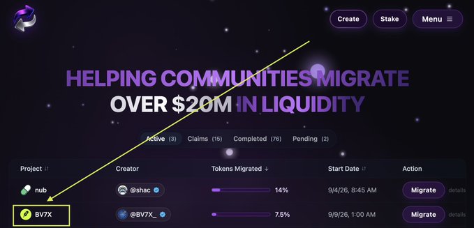 Screenshot of a website titled "Helping Communities Migrate Over $20M In Liquidity" with a yellow arrow pointing to the "BV7X" project entry showing 75% tokens migrated.