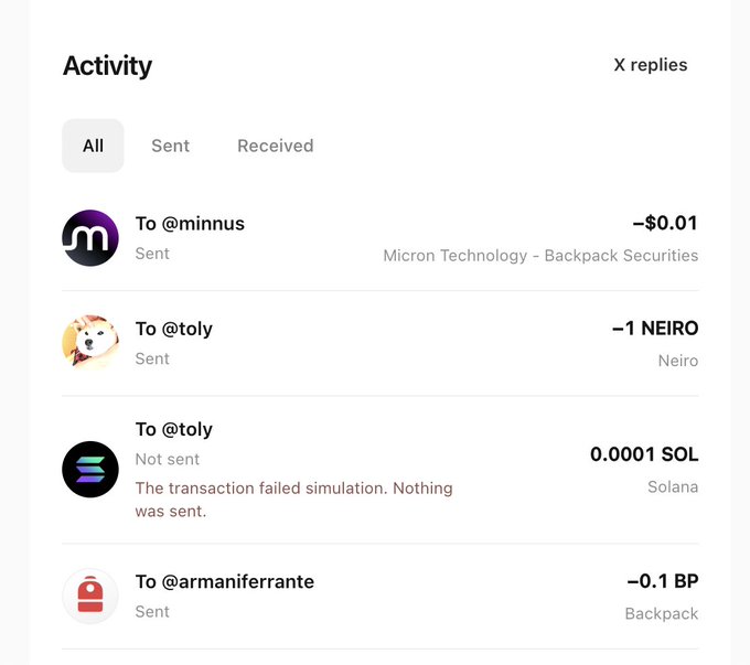 An Activity feed on a crypto wallet showing transactions: -$0.01 sent to @minnus (Micron Technology), -1 NEIRO sent to @toly, a failed 0.0001 SOL transaction to @toly, and -0.1 BP sent to @armaniferrante.