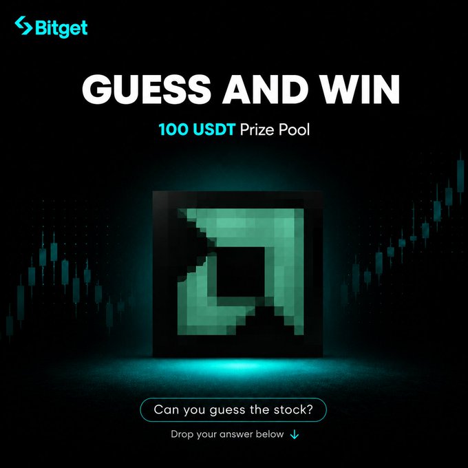 Bitget 'GUESS AND WIN' promotion with a 100 USDT prize pool, featuring a pixelated green logo and the text 'Can you guess the stock?'