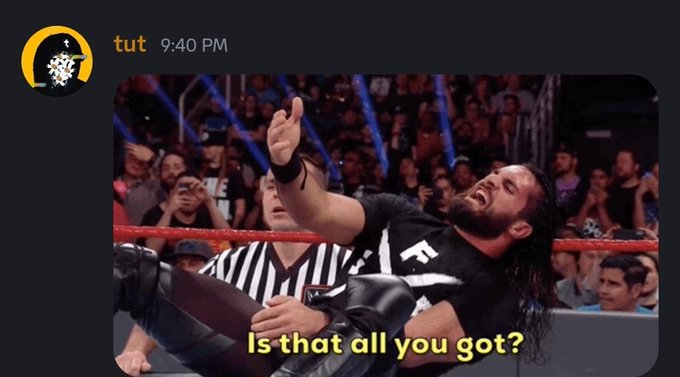 A Discord message from user "tut" at 9:40 PM showing a wrestling meme of Seth Rollins shouting in the ring with the caption "Is that all you got?"