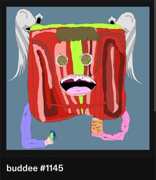 A colorful, abstract digital artwork titled "buddee #1145" featuring a red and green creature-like figure with white wings holding a beer can and a cracker.