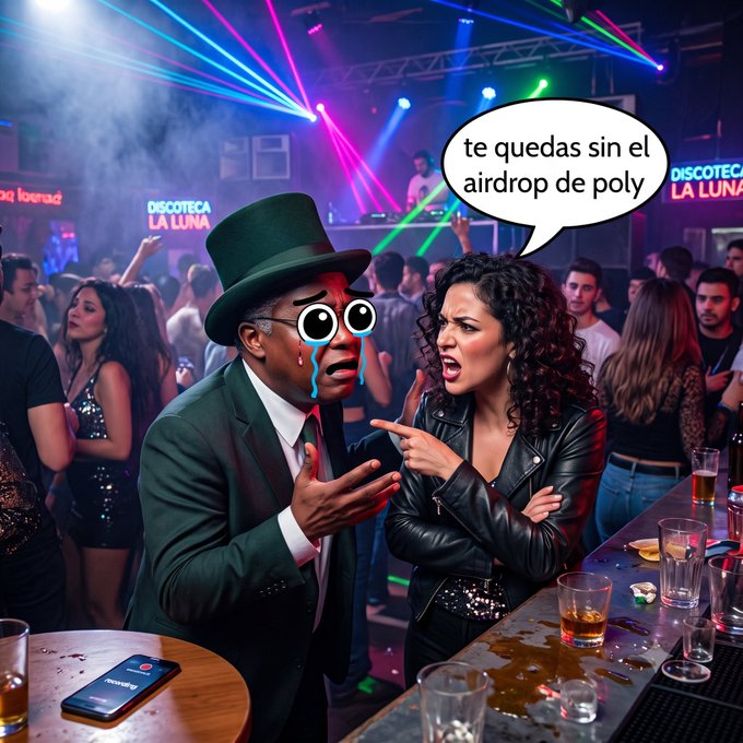 Meme image of a crying man in a green top hat being scolded at a disco club, with a speech bubble in Spanish reading 'te quedas sin el airdrop de poly' (you're missing out on the poly airdrop).