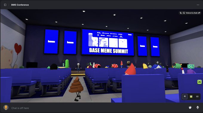 A virtual BMS Conference room shows rows of blue desks, colorful object-like avatars, wall screens, and a central display labeled “BASE MEME SUMMIT.”