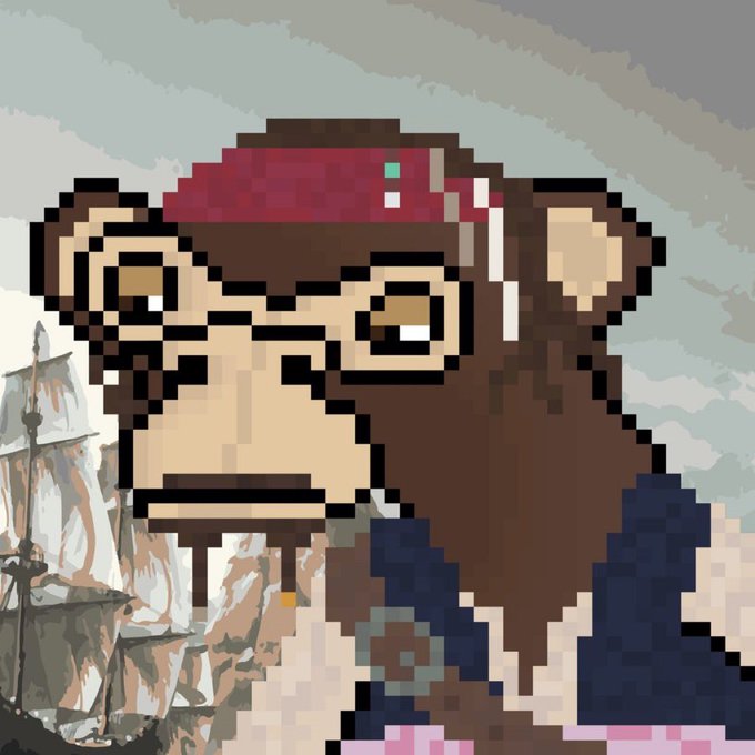 A pixel art image showing a brown monkey character wearing a red bandana and glasses, with a sailing ship visible in the background.
