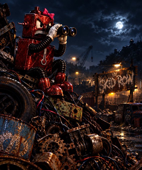 A red, robotic character with a pink bow sits atop a pile of mechanical scrap holding binoculars, set against a moody industrial nighttime backdrop with a full moon and a 'STOP KONY' sign.