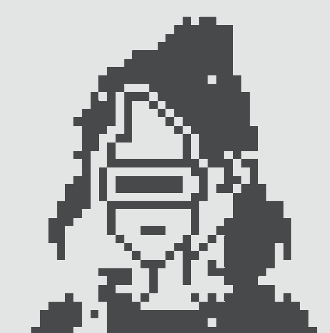 A pixel art, monochrome rendering of a hooded figure wearing a face mask, with blocky, low-resolution details forming the image. The accompanying "Art" caption reflects the stylized, retro pixel-art aesthetic of the portrait.