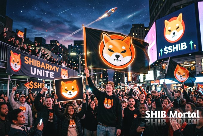 A nighttime rally scene shows a large crowd of enthusiastic fans waving Shiba Inu dog flags and holding signs reading "SHIBARMY UNITE" alongside illuminated "$SHIB" billboards in the cityscape, perfectly capturing the post's message about the resilient, still-believing Shiba Army community.