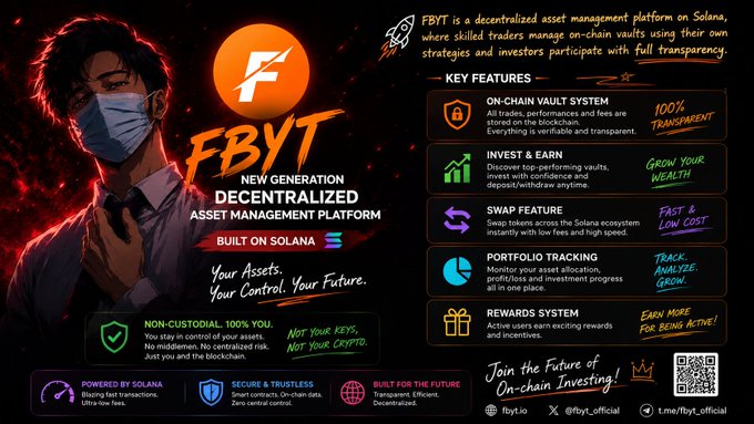 The image features a poster or flyer for FBYT Decentralized Asset Management Platform on Solana. The poster includes a man wearing a face mask, which adds an element of anonymity and security to the platform. The text on the poster highlights that this platform is designed to make crypto investment more transparent and easier by providing users with a built-on asset management platform. It also mentions that the platform is powered by Solana, a blockchain technology that ensures transparency and trust in transactions.