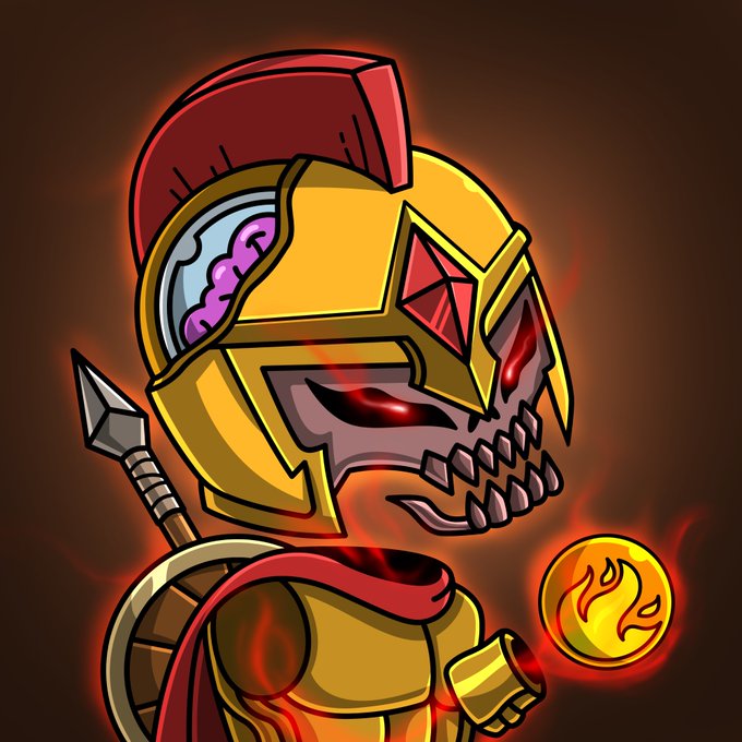 A cartoon-style illustration of a golden Spartan or Greek warrior helmet with a red plume, featuring glowing red eyes and holding a flaming torch, set against a dark background.