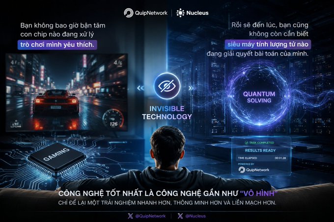 A Vietnamese advertisement for QuipNetwork and Nucleus promoting 'Invisible Technology' and 'Quantum Solving' features a man viewing floating screens showing a car racing game and technical data.