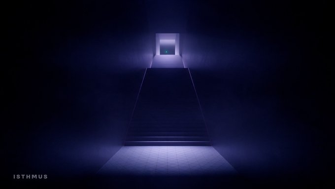 A dark, moody digital illustration shows a staircase leading up to a glowing doorway with a small green light, with the watermark 'ISTHMUS' in the bottom left corner.