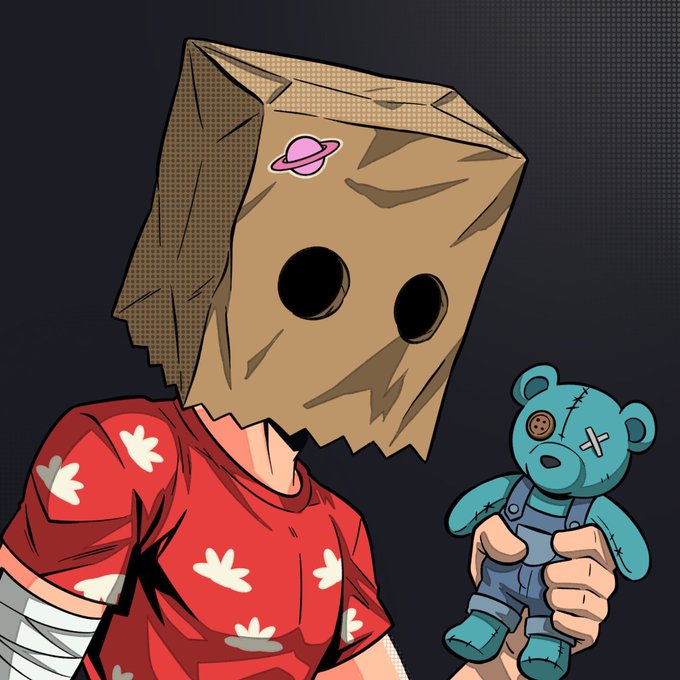 Stylized digital art of a character wearing a brown paper bag mask with a Saturn sticker, a red floral shirt, and holding a teal stitched teddy bear.