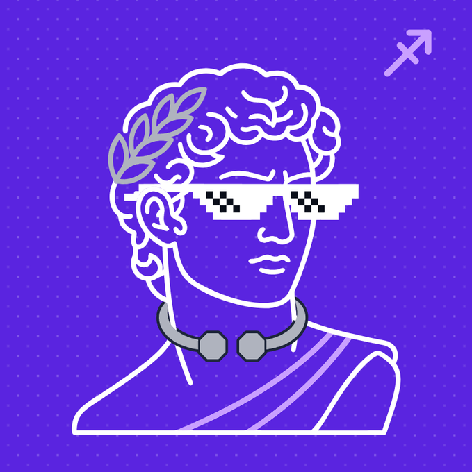 A stylized purple and white line-art illustration of a figure resembling Julius Caesar wearing pixelated 'thug life' sunglasses and a laurel wreath, with the Sagittarius zodiac symbol in the upper right corner.