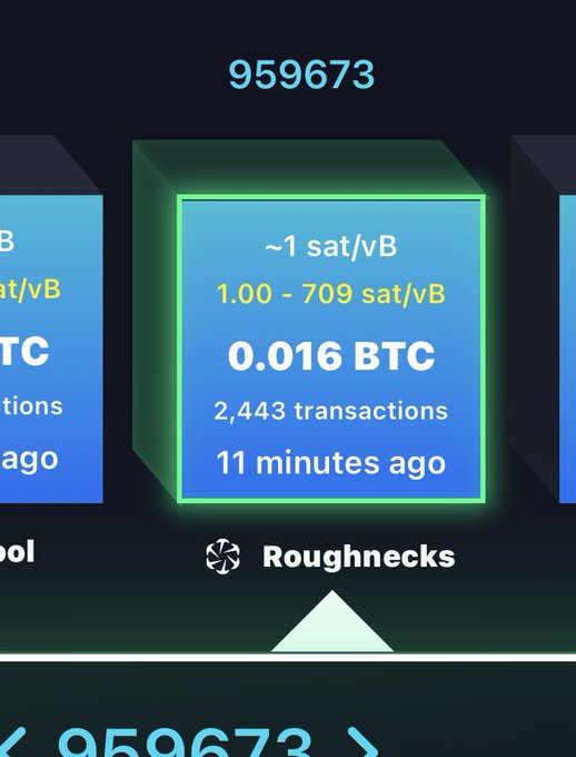 A screenshot displays block #959673 mined by the Roughnecks pool, which contains 2,443 transactions and earned 0.016 BTC in fees (ranging from ~1 to 709 sat/vB) approximately 11 minutes ago. The image showcases a successful BIP110-related mining block, aligning with the post celebrating the pool's performance and their commitment to printing BIP110 blocks.