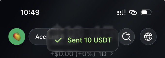 An iPhone screen showing the time 10:49 with a Telegram notification bubble reading '✓ Sent 10 USDT' over an account interface.