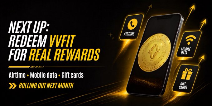 A promotional graphic announces "NEXT UP: REDEEM VVFIT FOR REAL REWARDS," highlighting upcoming features including airtime, mobile data, and gift cards rolling out next month. The design features a smartphone displaying a golden VVFIT coin alongside icons representing each reward category, visually reinforcing the announcement of real-world redemption options.