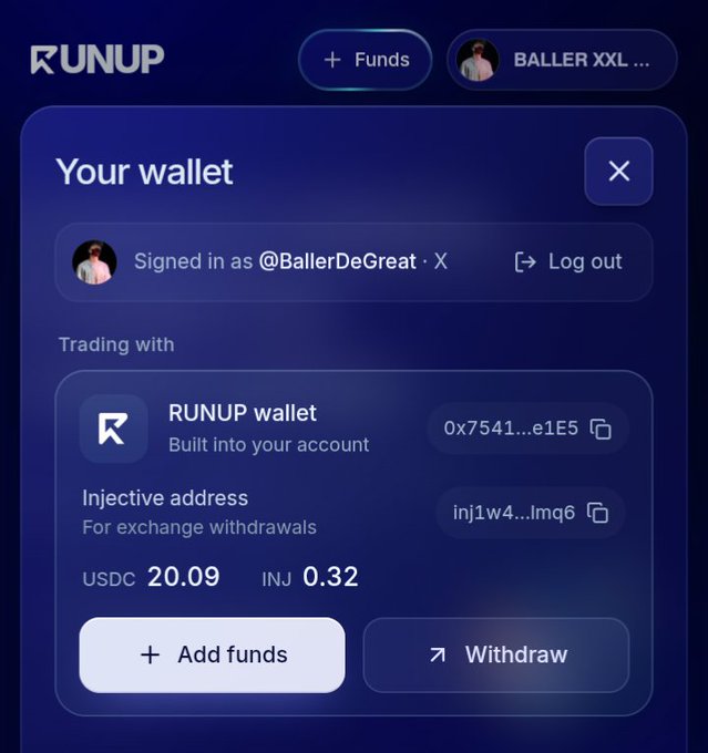 A screenshot of the RUNUP wallet interface showing USDC 20.09 and INJ 0.32 balances for user @BallerDeGreat.