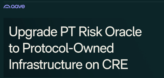 The image displays an Aave-branded announcement headline reading "Upgrade PT Risk Oracle to Protocol-Owned Infrastructure on CRE," visually supporting the post's discussion of automating Pendle PT collateral risk parameter management through Aave's governance proposal and LlamaRisk agents.