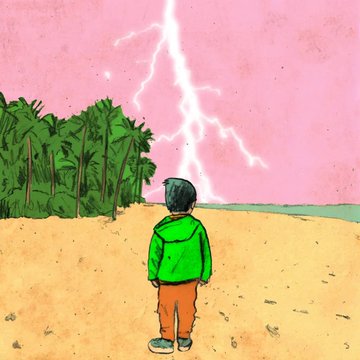 A digital illustration of a young boy in a green jacket and orange pants standing on a sandy beach, watching a bright lightning bolt strike against a pink sky beside palm trees.