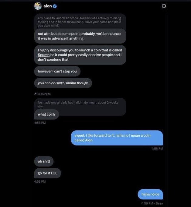A screenshot of an Instagram direct message conversation with 'alon' discussing plans to launch an official coin, including concerns about naming it '$pump' and the user's excitement about a coin called 'Alon'.