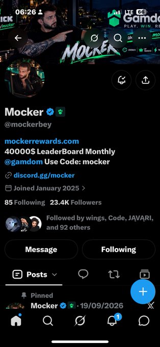 A social media profile for 'Mocker' (@mockerboy) promoting '40000$ LeaderBoard Monthly' at @gamdom with Use Code: mocker.