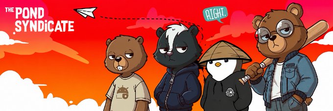 The image features a cartoon illustration of four cartoon bears standing next to each other, with one bear holding a baseball bat. The background of the image has an orange hue, which complements the brown color of the bears' fur. Below this scene is text that reads "I'm giving away x1 GTD & x4 FCFS WL mint spots for Pond Syndicate - follow me & @PondSyndicate - like & retweet this post". The bears are positioned in a line, with one bear on the left side and three bears on the right.