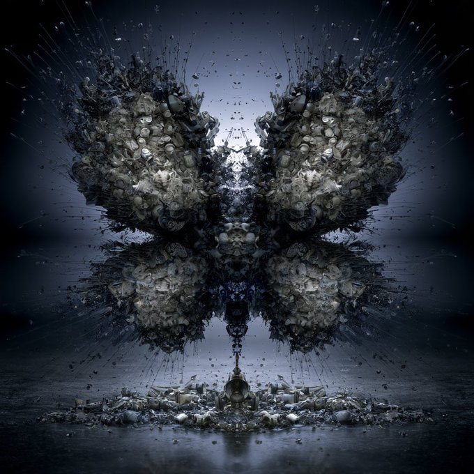 A symmetrical dark surrealist artwork resembling a Rorschach inkblot, featuring intricate forms of skulls, debris, and organic shapes exploding outward from a central point.