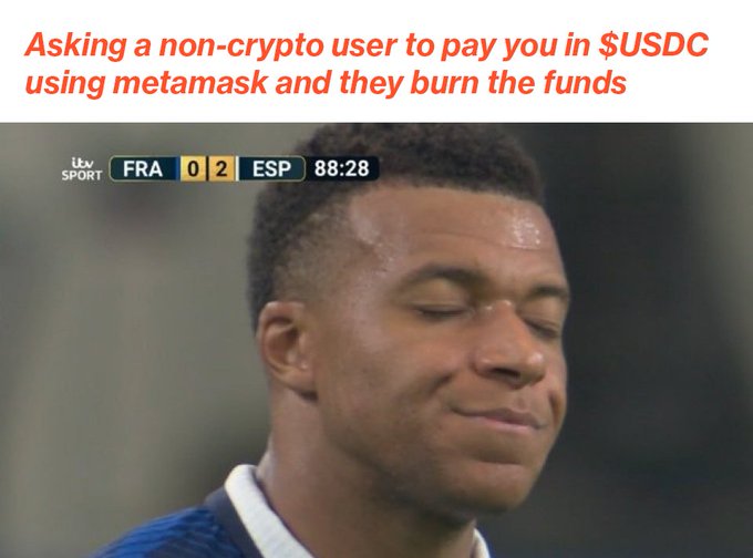 This meme humorously portrays the difficulty of asking non-crypto users to pay in $USDC with Metamask, suggesting they might lose the funds, contrasting with the post's optimistic outlook on institutional capital and the $HANDL token. The image shows a stressed soccer player with the score "FRA 0 2 ESP" overlayed.
