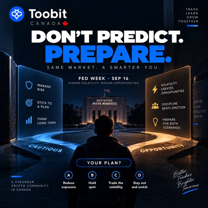 A promotional graphic for 'Toobit CANADA' with the headline 'DON'T PREDICT. PREPARE.' and 'FED WEEK • SEP 16', showing a person facing the Federal Reserve building and four plan options: A, B, C, and D.