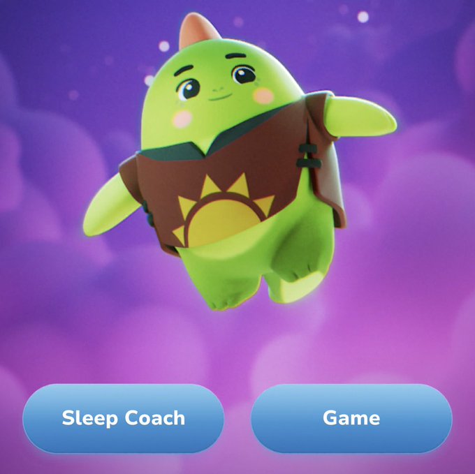 The image shows a green dinosaur character wearing a brown shirt with a sun design flying through a purple sky, accompanied by two buttons labeled "SLEEP COACH" and "GAME", suggesting that this character might be related to sleep or gaming. The post also mentions updates on Nomisma Network's pricing for the projects gaining most attention on web3 space now, which could potentially affect the value of these characters in the game.