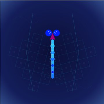 A dark blue graphic featuring a vertical arrangement of light blue and cyan dots/bubbles topped with two larger blue circles, overlaid on geometric line patterns.