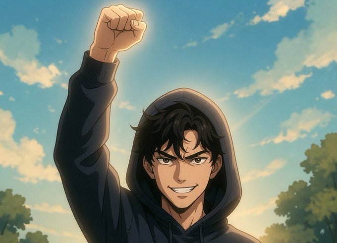 An anime-style illustration shows a young man with dark hair wearing a black hoodie, smiling confidently while raising his right fist against a backdrop of a blue sky with clouds.