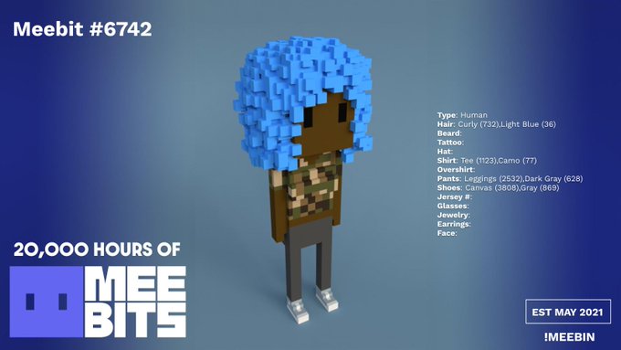 A promotional image for Meebit #6742, featuring a 3D voxel-style character with blue curly hair and a camouflage shirt against a blue background, labeled '20,000 HOURS OF MEEBITS' with traits like 'Type: Human' and 'Hair: Curly (732), Light Blue (36)' listed.