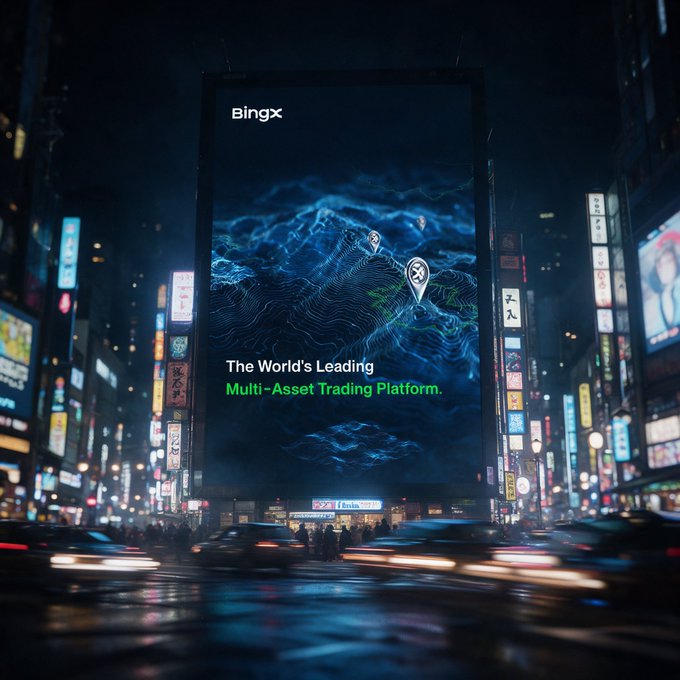 A promotional image for BingX featuring a large billboard in a rainy, neon-lit cityscape with the text "The World's Leading Multi-Asset Trading Platform."