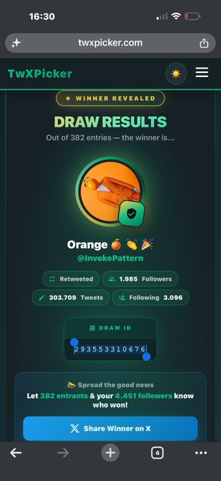 A mobile screenshot from twxpicker.com displays a Twitter/X giveaway result with the header "★ WINNER REVEALED ★" and "DRAW RESULTS," announcing that out of 382 entries the winner is "Orange" with the handle @InvokePattern, which has 1,985 followers and 303,709 tweets. The image relates directly to the accompanying post congratulating @InvokePattern on winning the $1800 prize and requesting their Gamdom TRC20 account details.