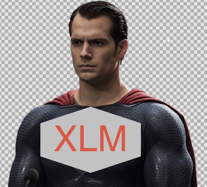 A photo of Henry Cavill as Superman in his blue and red suit with a transparent background, overlaid with a gray hexagonal logo reading 'XLM'.