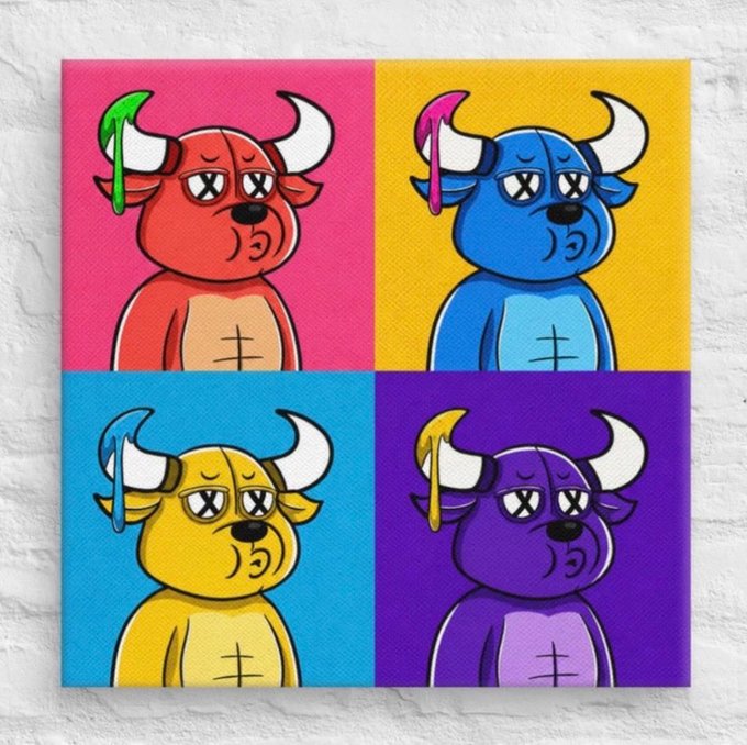A pop-art style canvas print displaying four bulls (red, blue, yellow, and purple) in a 2x2 grid, each with X-shaped eyes and a different colored horn.