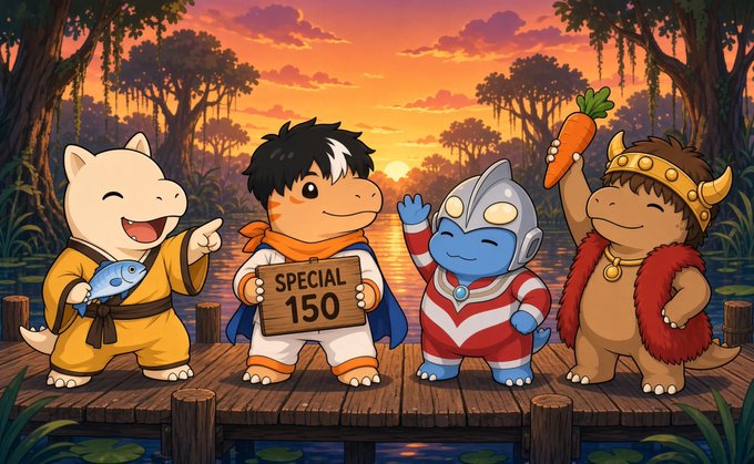 Four whimsical characters—including a ninja dinosaur holding a sign reading "SPECIAL 150," a fish-wielding fox, a striped superhero, and a carrot-toting viking—stand together on a dock at sunset, visually representing the "Special 150" honorary NFT mint list mentioned in the post about dynohoods.xyz/special-150.